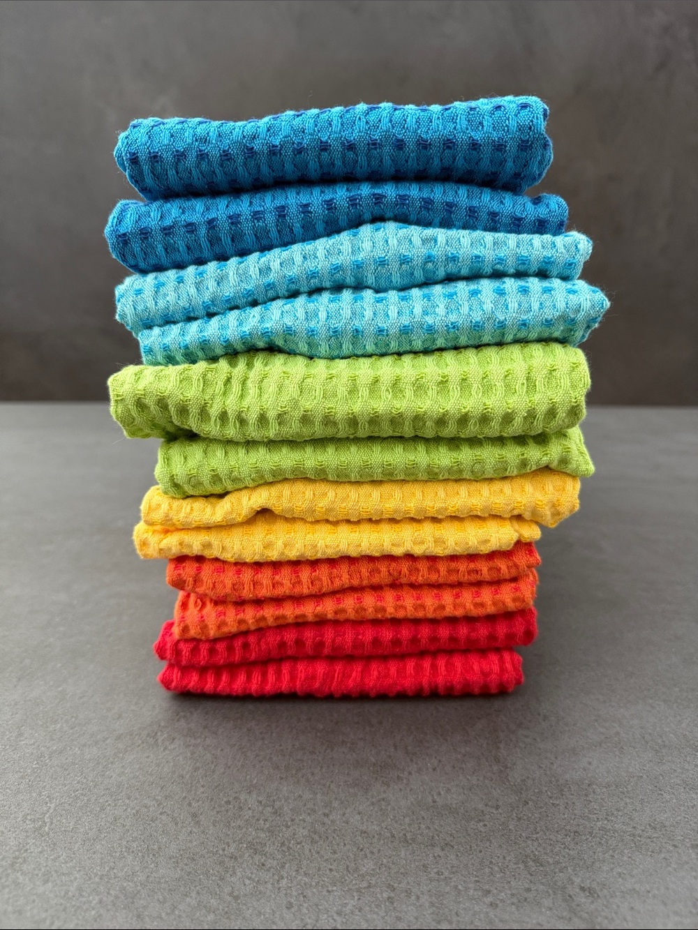 Bright Multicolor Waffle Weave Kitchen Towels - Blue, Green, Yellow, Orange, Red